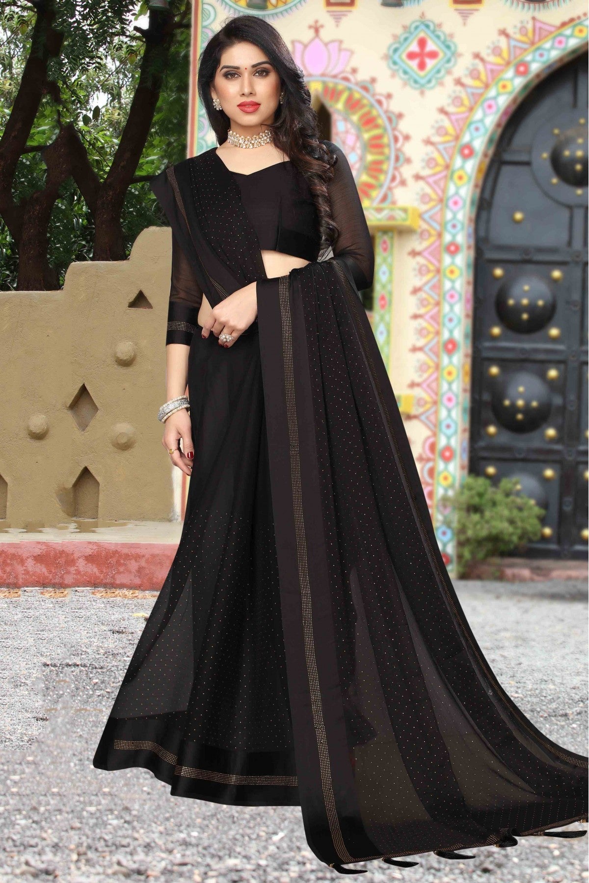 Black Colour Satin Designer Saree