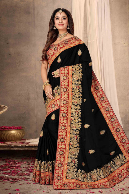 Black Colour Satin Designer Saree