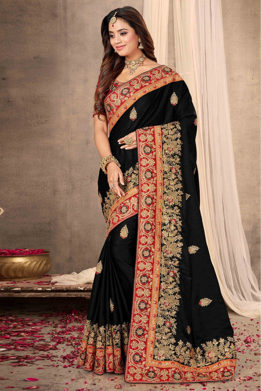 Black Colour Satin Designer Saree