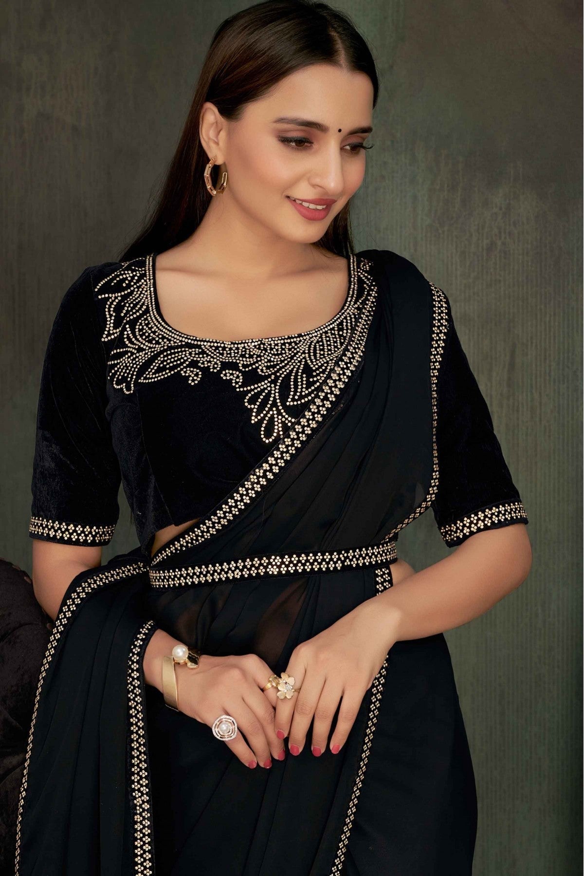 Black Colour Satin Georgette Stone Work Saree