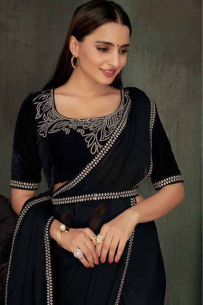 Black Colour Satin Georgette Stone Work Saree