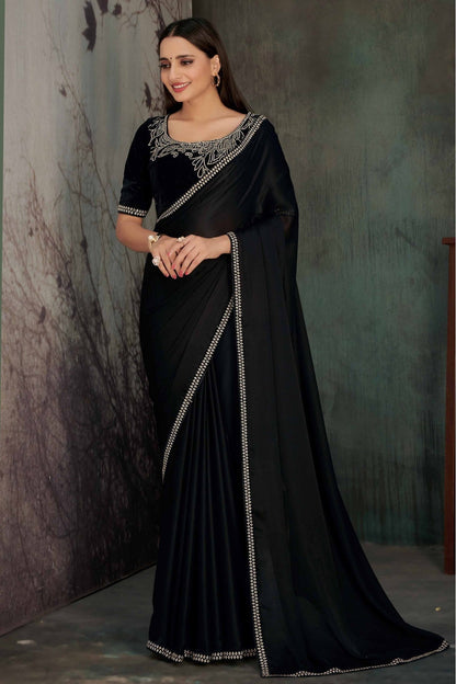 Black Colour Satin Georgette Stone Work Saree