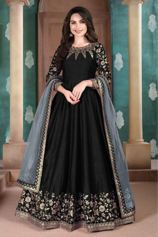 Black Colour Silk Embroidery Anarkali Suit