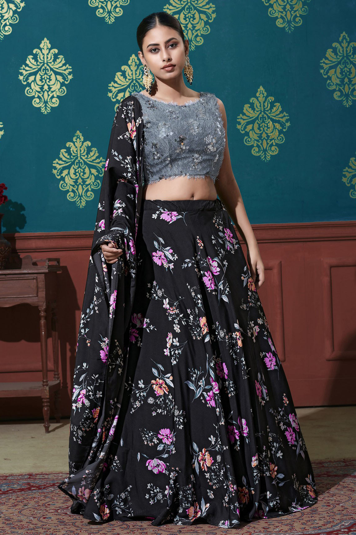 Black Colour Silk Printed Lehenga Choli