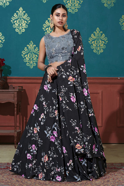 Black Colour Silk Printed Lehenga Choli