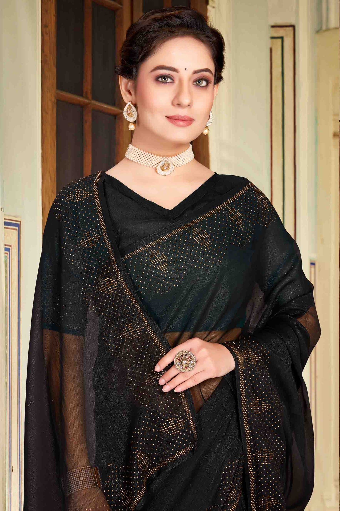 Black Colour Simmer Chiffon Designer Saree