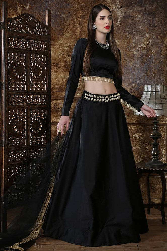 Black Colour Taffeta Satin Foil Print Lehenga Choli