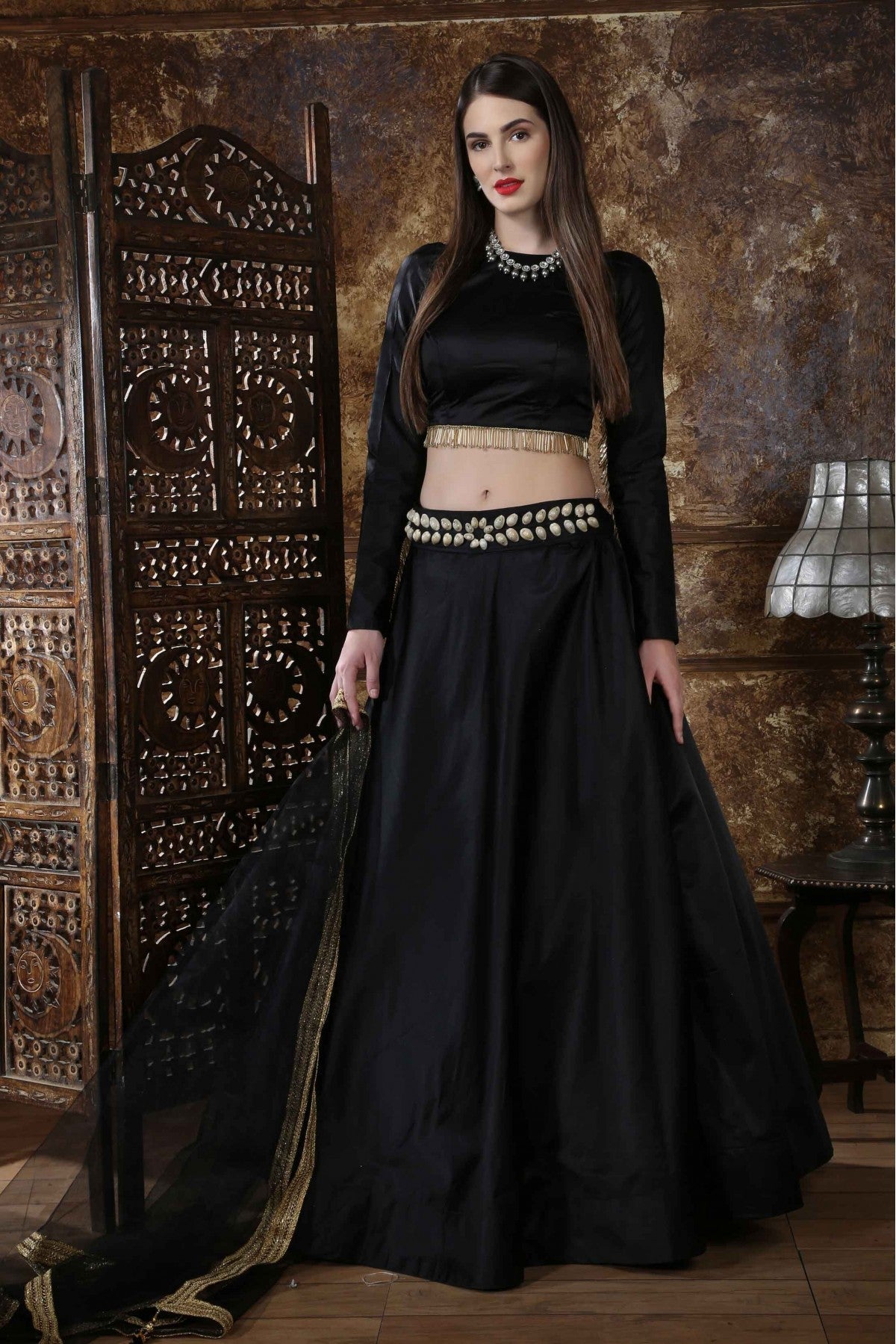 Black Colour Taffeta Satin Foil Print Lehenga Choli