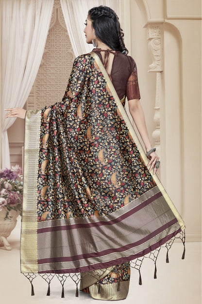 Black Colour Tussar Silk Printed Saree