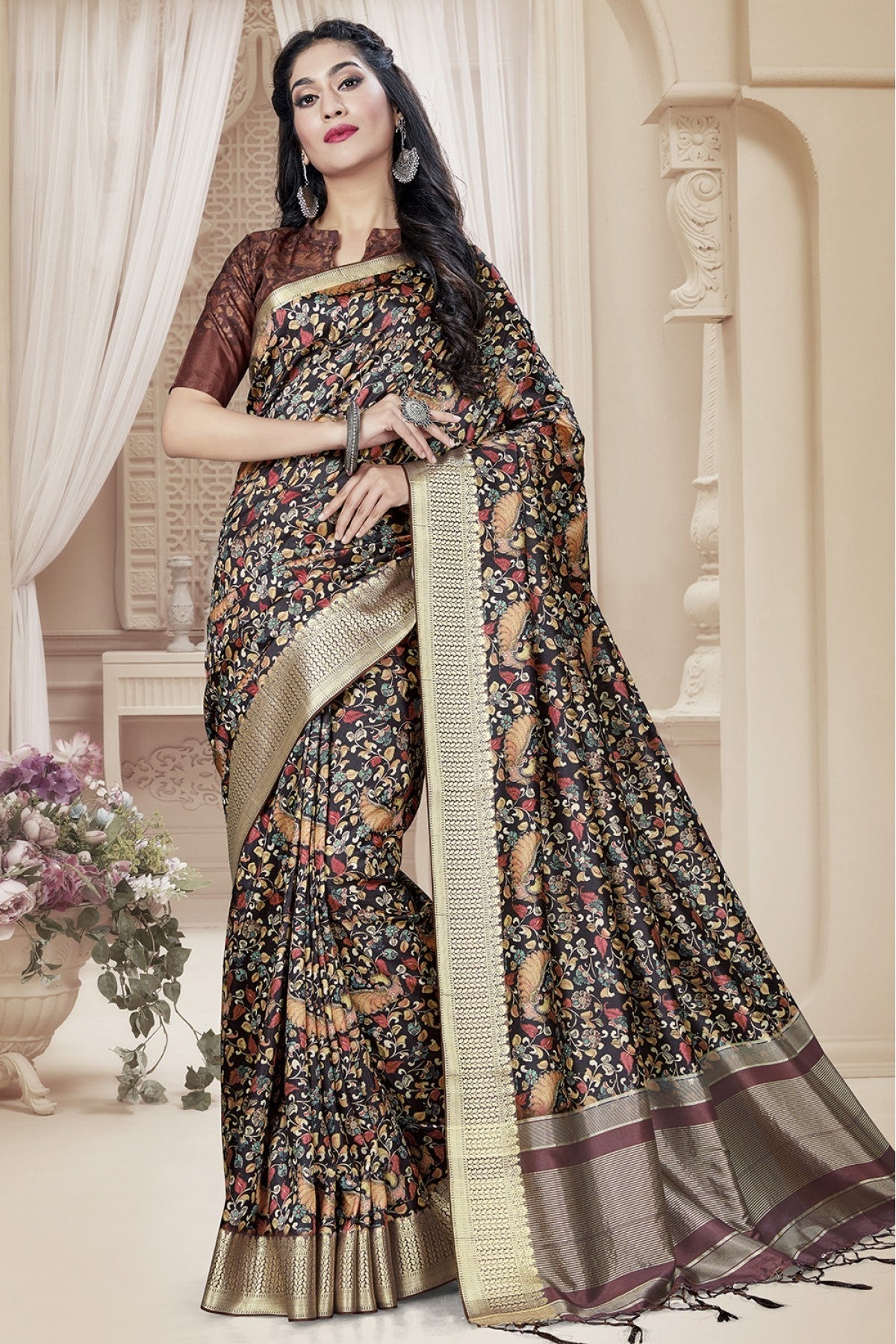 Black Colour Tussar Silk Printed Saree