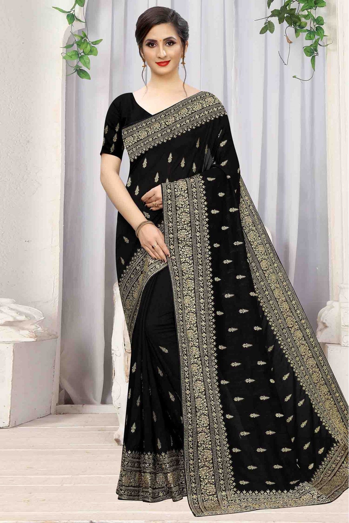 Black Colour Vichitra Silk Designer Saree