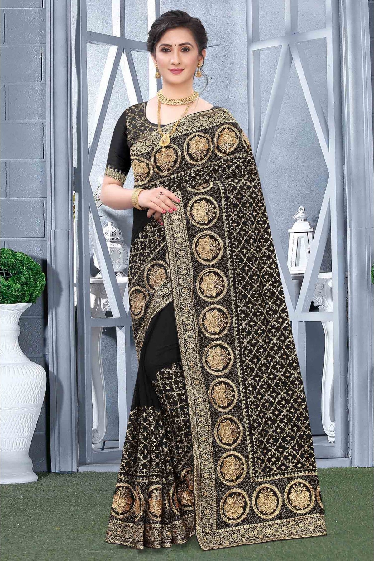 Black Colour Vichitra Silk Designer Saree