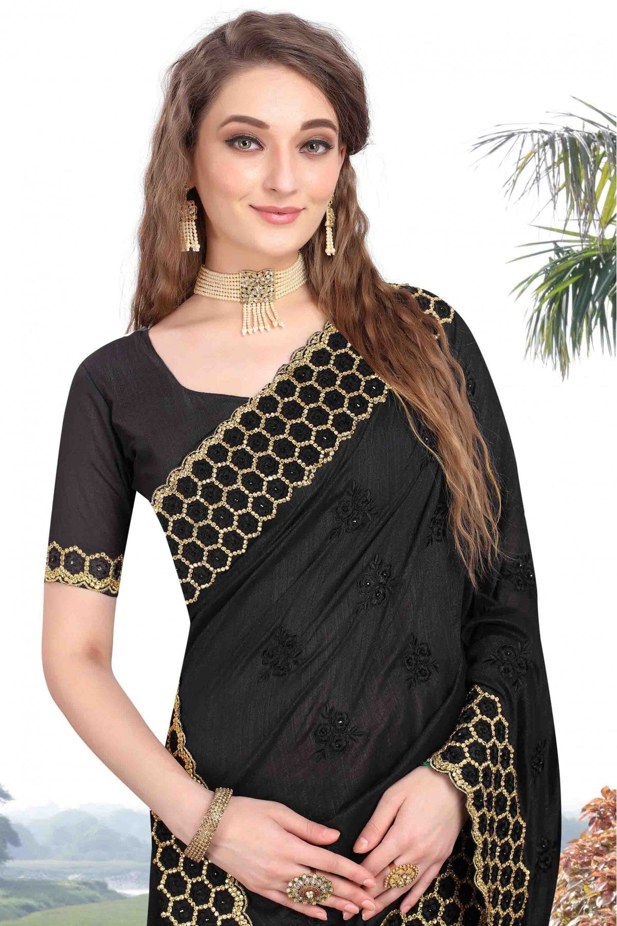 Black Colour Vichitra Silk Designer Saree