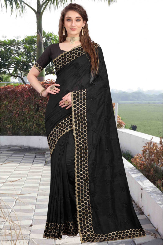 Black Colour Vichitra Silk Designer Saree