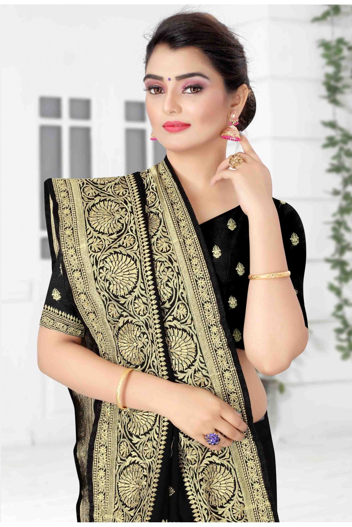 Black Colour Vichitra Silk Designer Saree