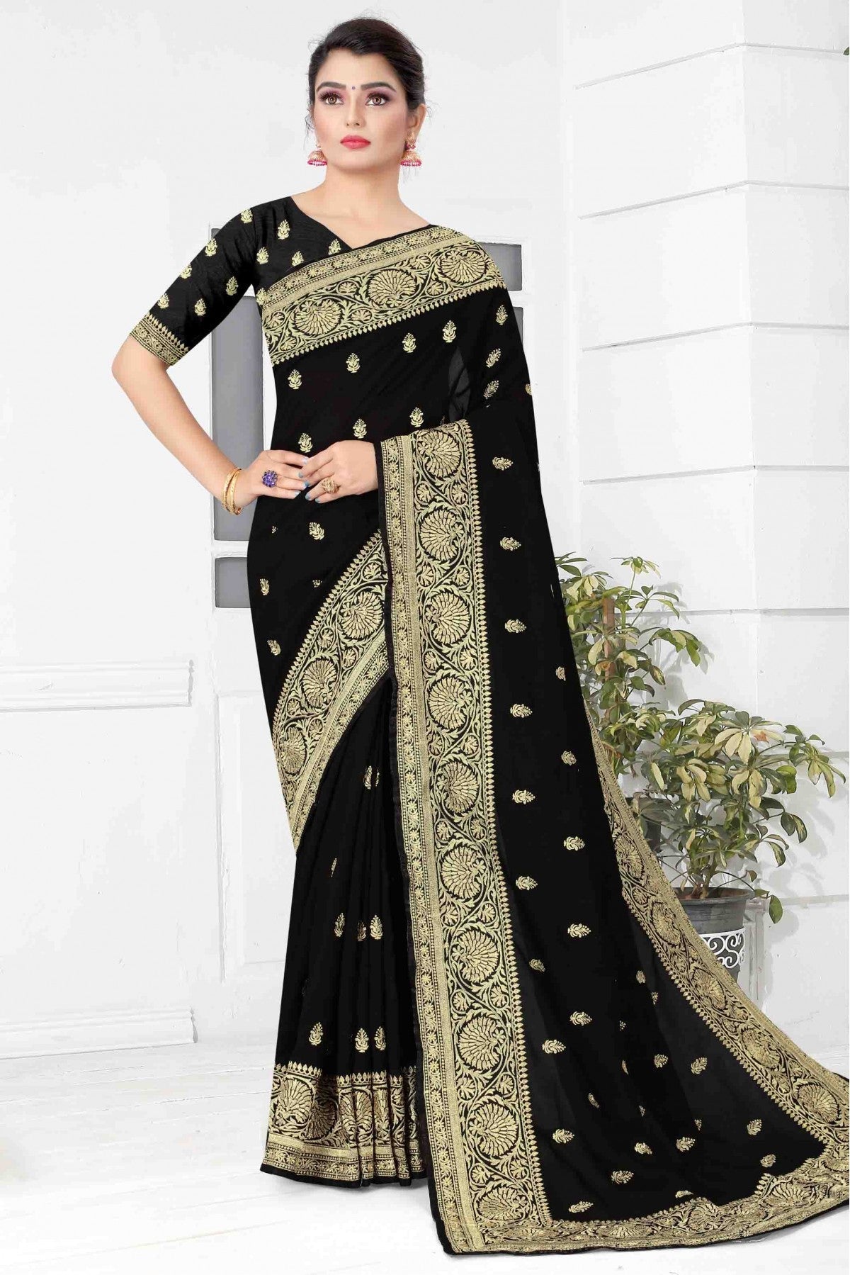 Black Colour Vichitra Silk Designer Saree