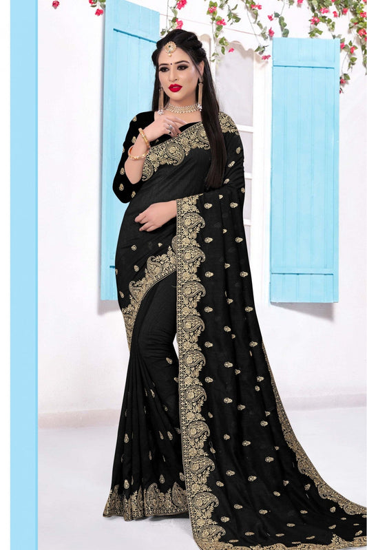 Black Colour Vichitra Silk Embroidery Saree