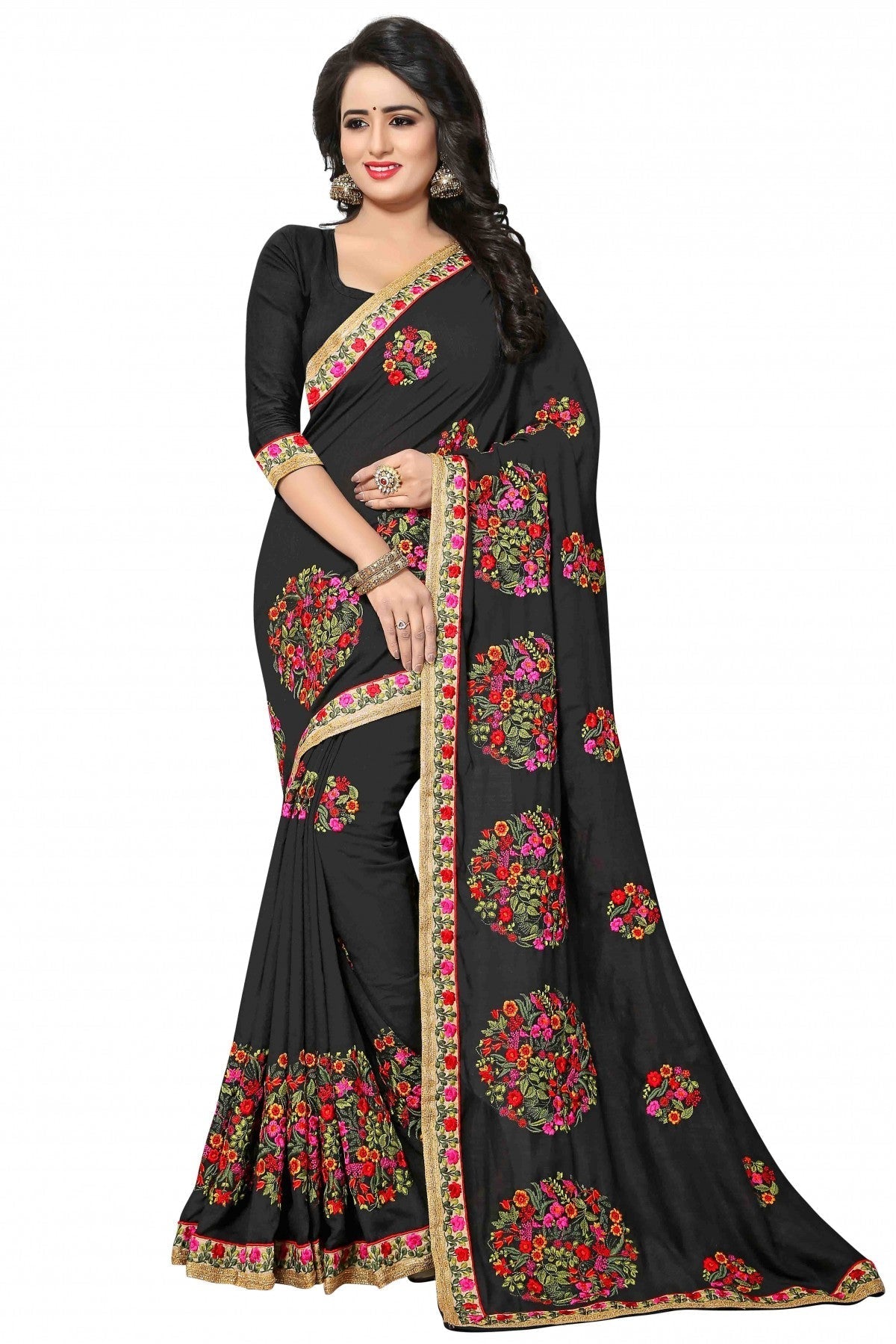 Black Colour Vichitra Silk Embroidery Saree