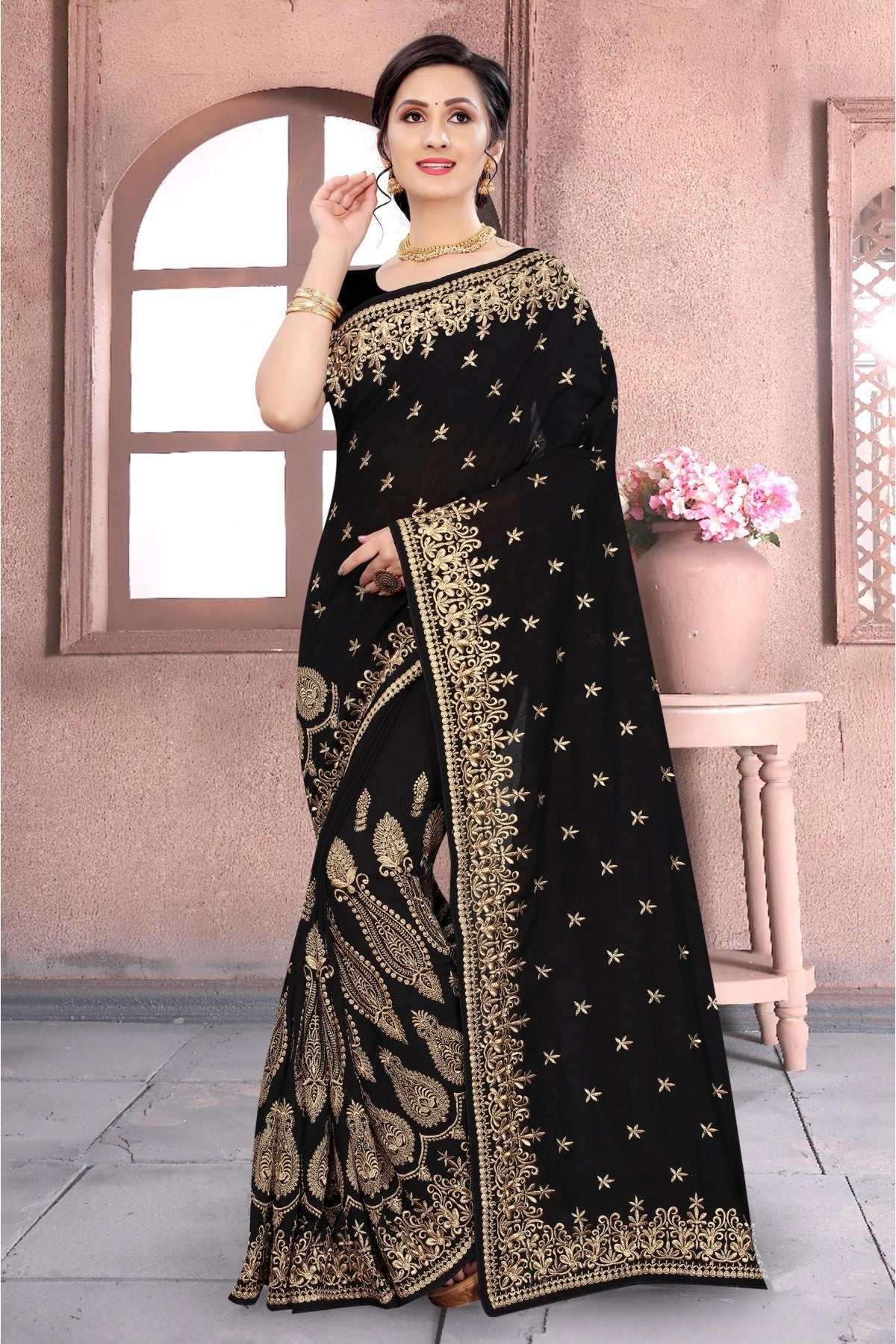 Black Colour Vichitra Silk Embroidery Saree