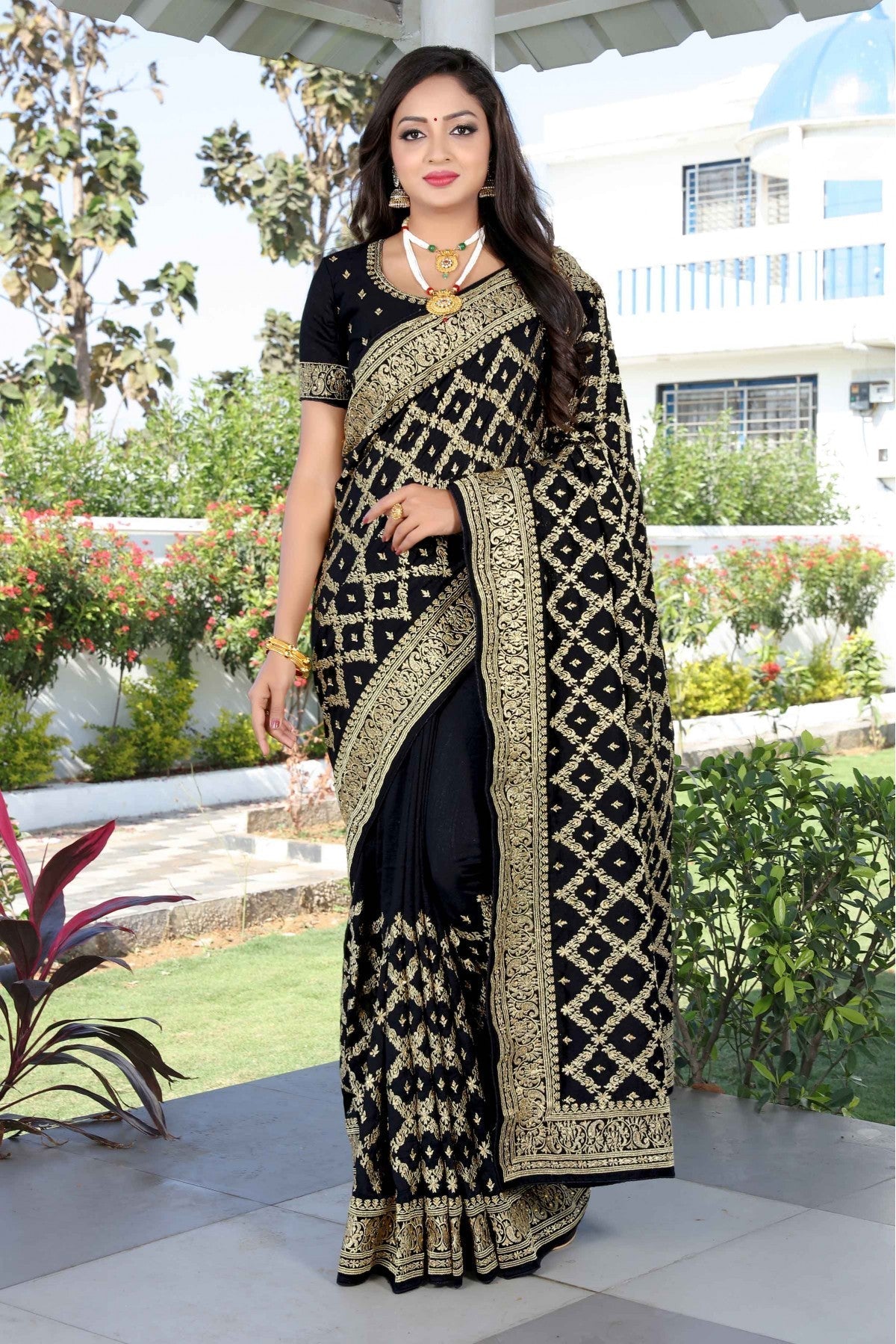 Black Colour Vichitra Silk Embroidery Saree