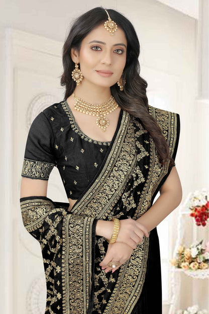 Black Colour Vichitra Silk Embroidery Saree