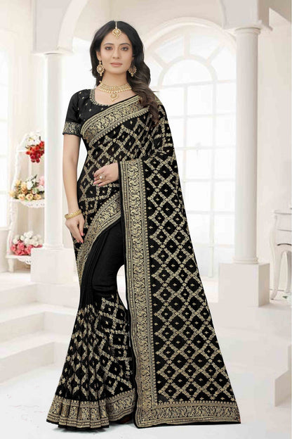 Black Colour Vichitra Silk Embroidery Saree