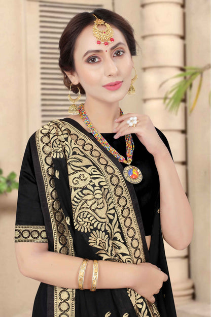 Black Colour Vichitra Silk Embroidery Saree