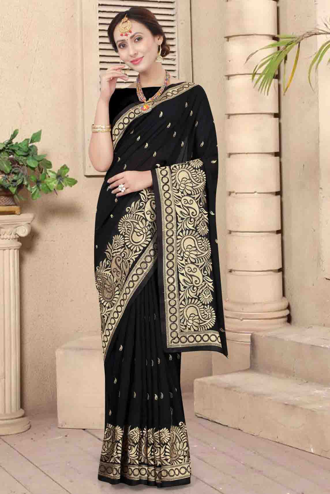 Black Colour Vichitra Silk Embroidery Saree