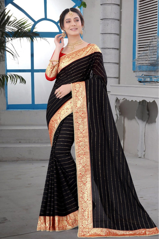 Black Colour Vichitra Silk Lace Work Saree