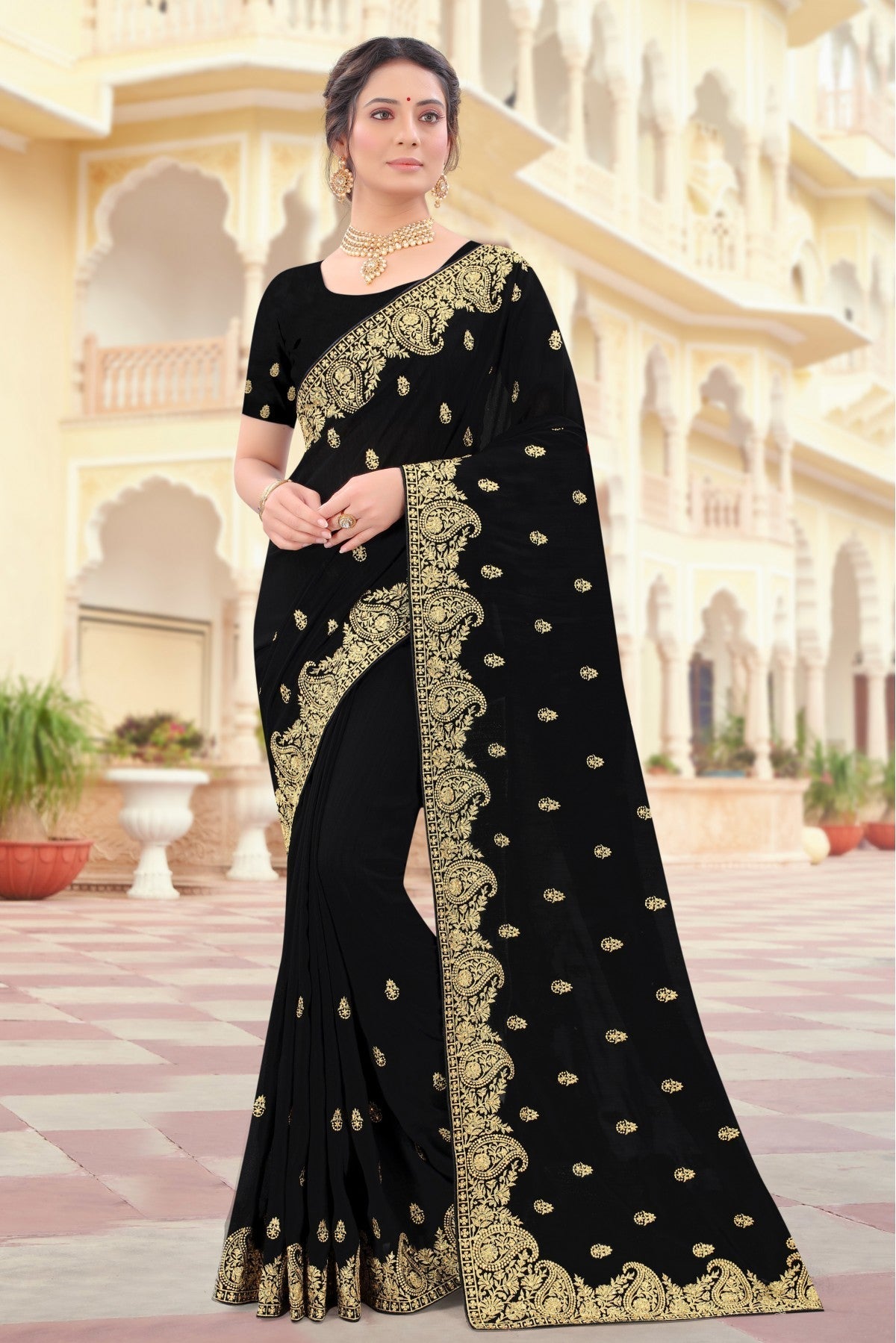 Black Colour Vichitra Silk Resham Work Saree