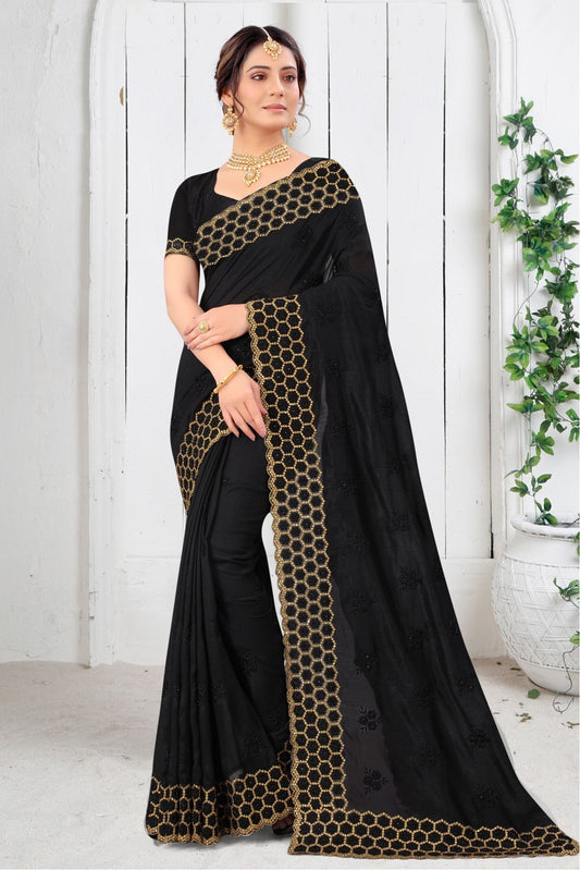 Black Colour Vichitra Silk Resham Work Saree