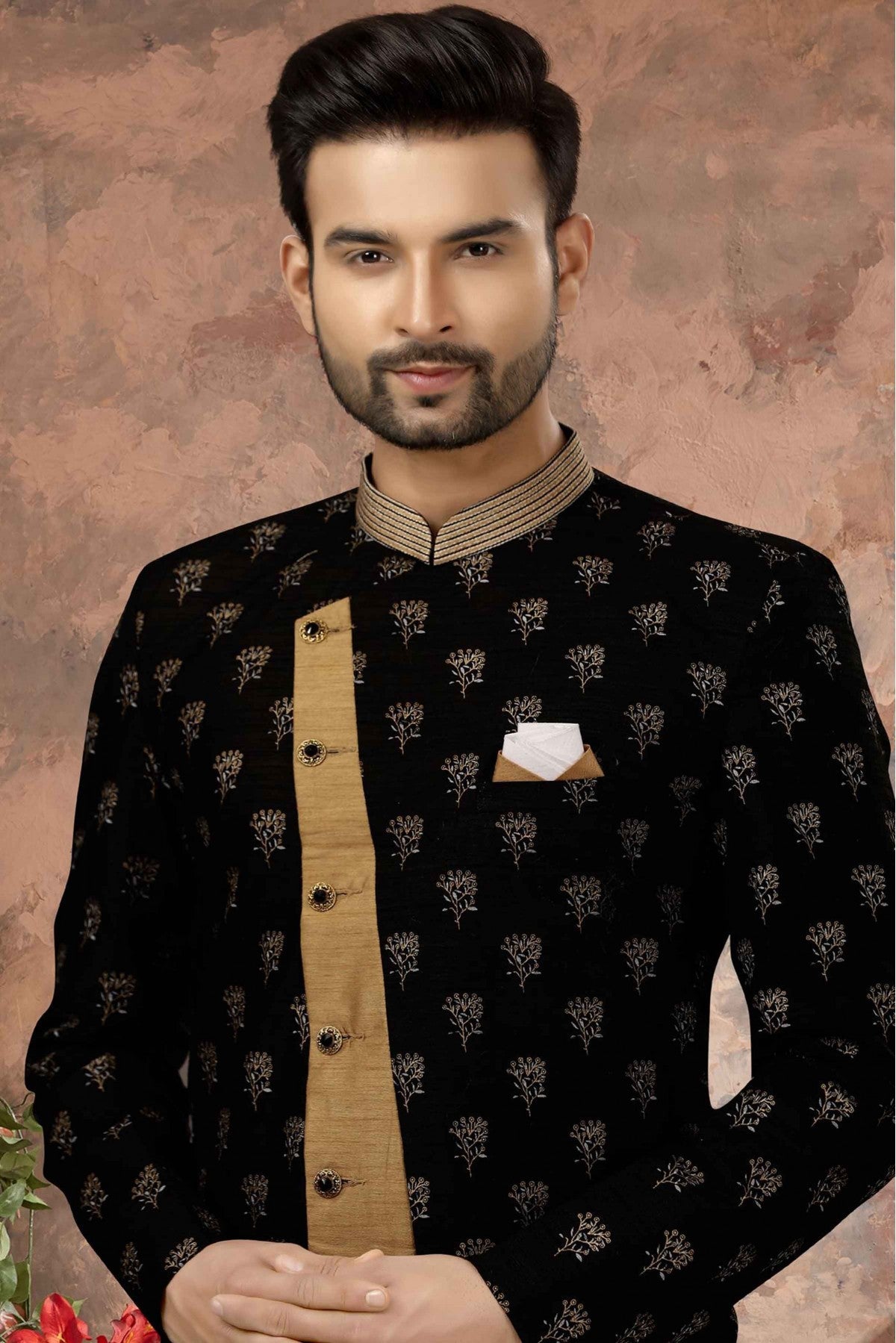 Black and Beige Colour Jacquard Digital Print Sherwani VSSH1040334