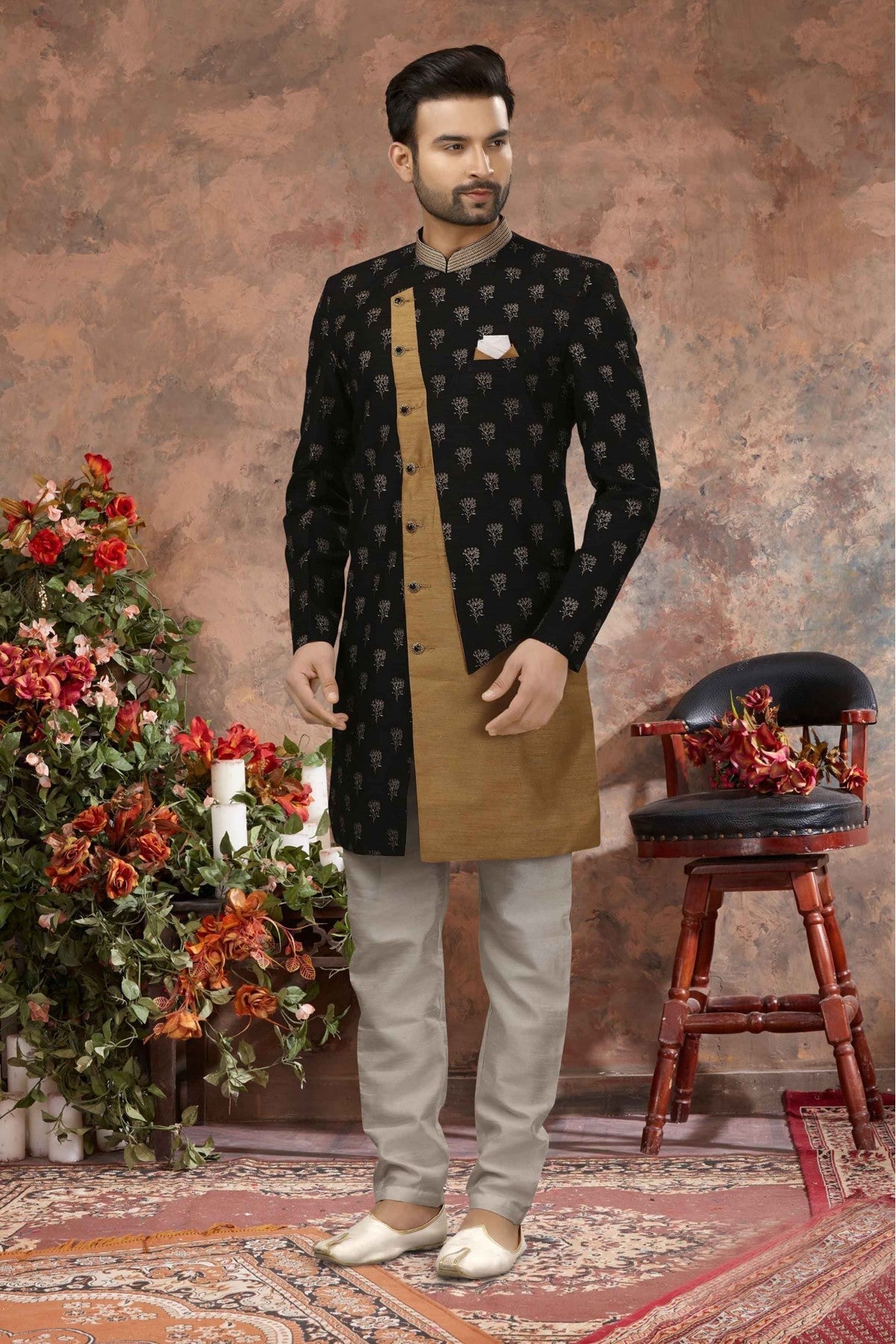 Black and Beige Colour Jacquard Digital Print Sherwani VSSH1040334