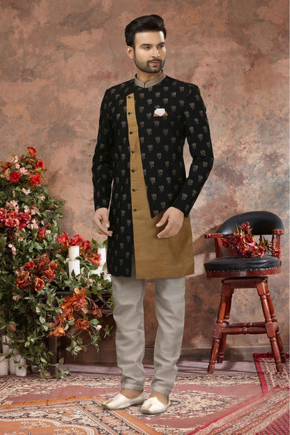 Black and Beige Colour Jacquard Digital Print Sherwani VSSH1040334