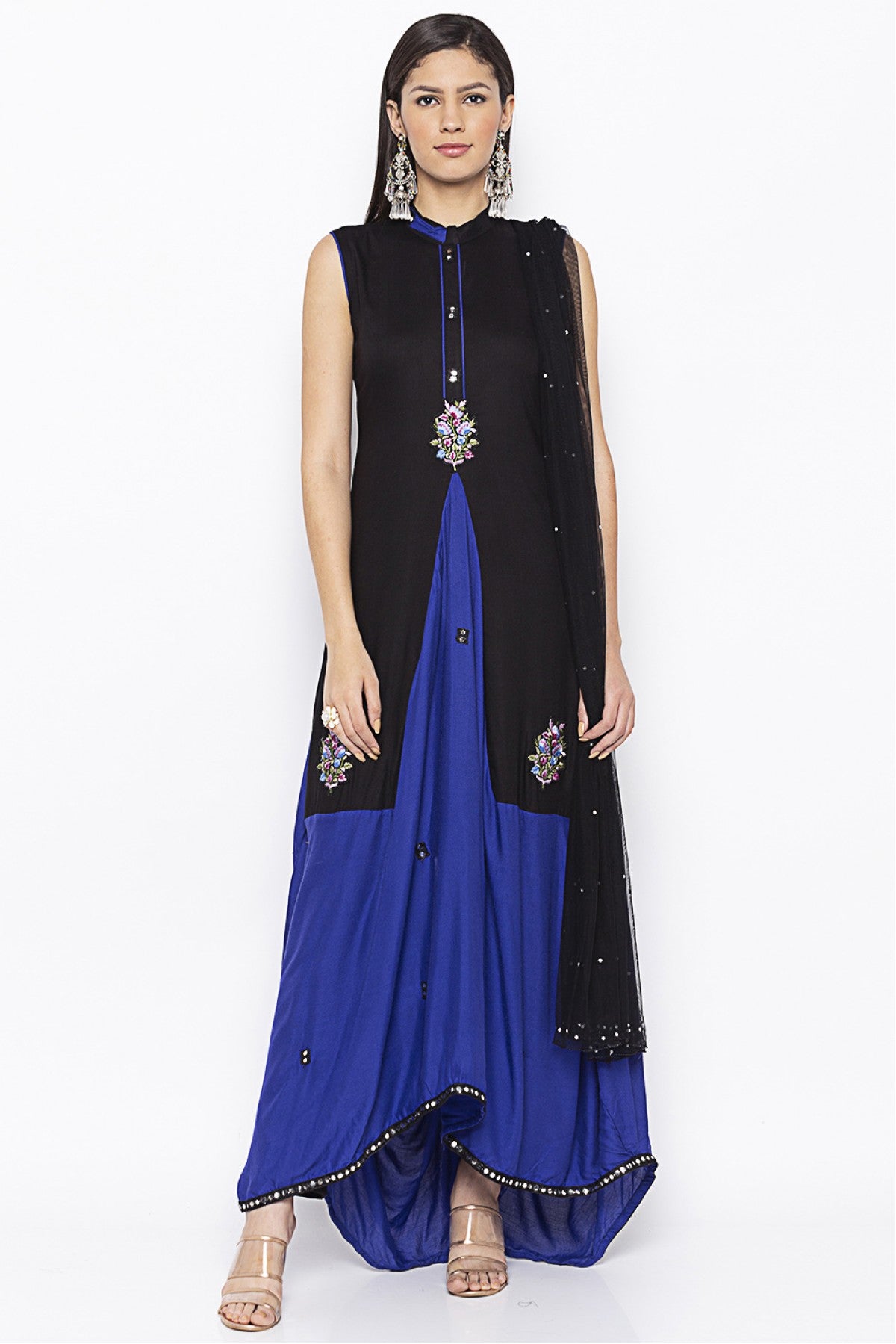 Black and Blue Colour Plus Size Stitched Cotton Embroidery Pant Style Suit