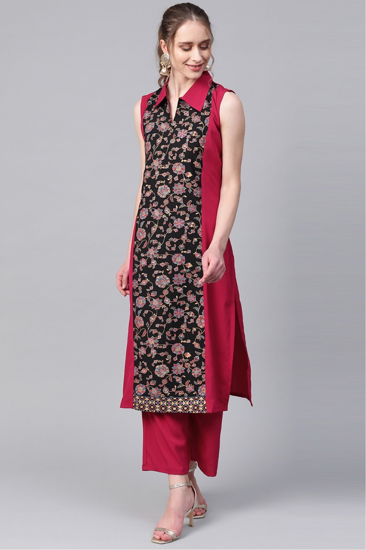 Black and Pink Colour Plus Size Crepe Straight Kurta Palazzo Set