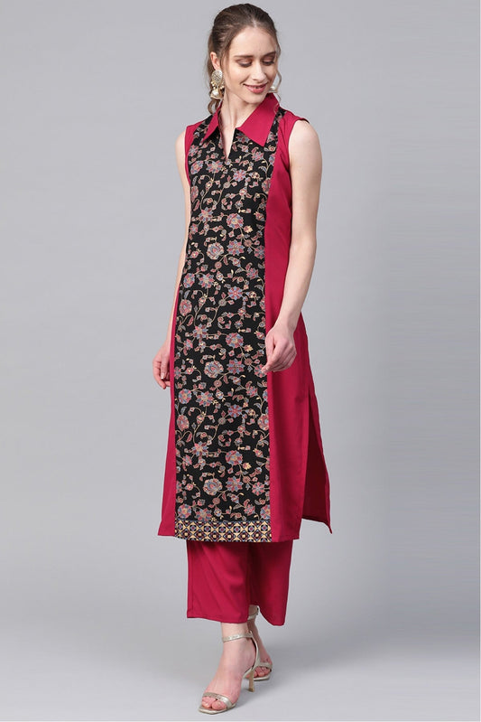 Black and Pink Colour Plus Size Crepe Straight Kurta Palazzo Set