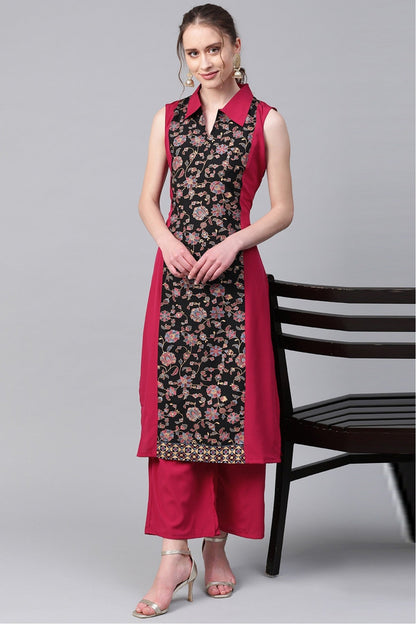 Black and Pink Colour Plus Size Crepe Straight Kurta Palazzo Set