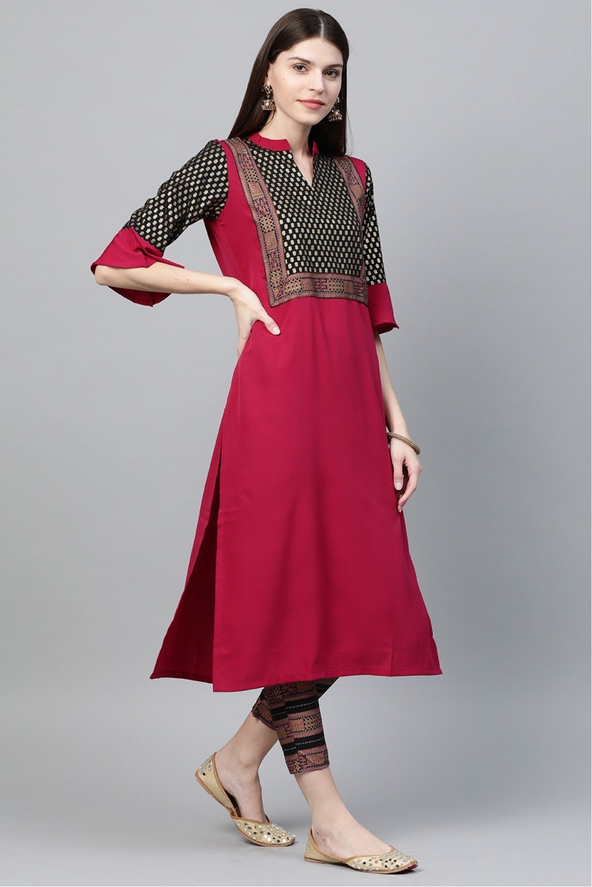 Black and Pink Colour Plus Size Crepe Straight Kurta Pant Set VSKR1060135