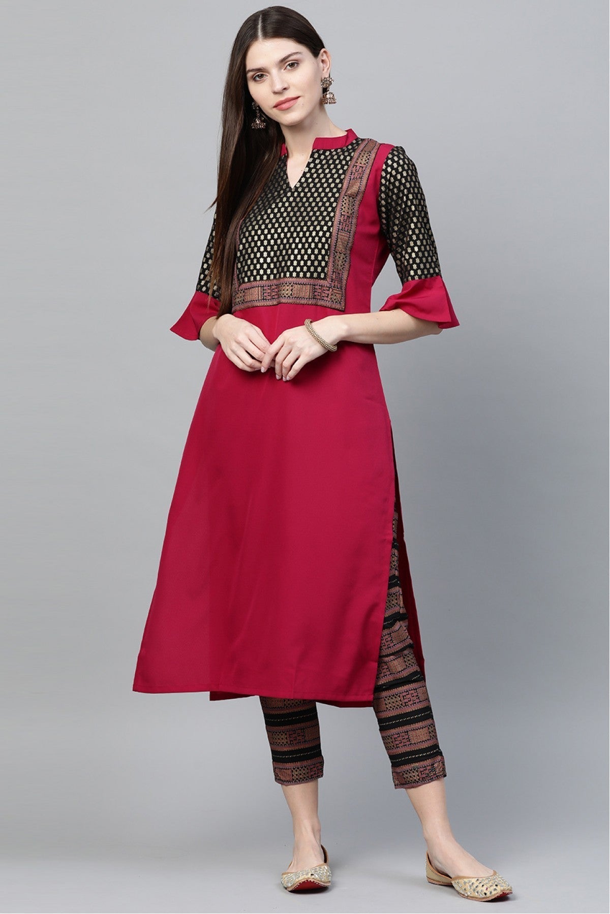 Black and Pink Colour Plus Size Crepe Straight Kurta Pant Set VSKR1060135