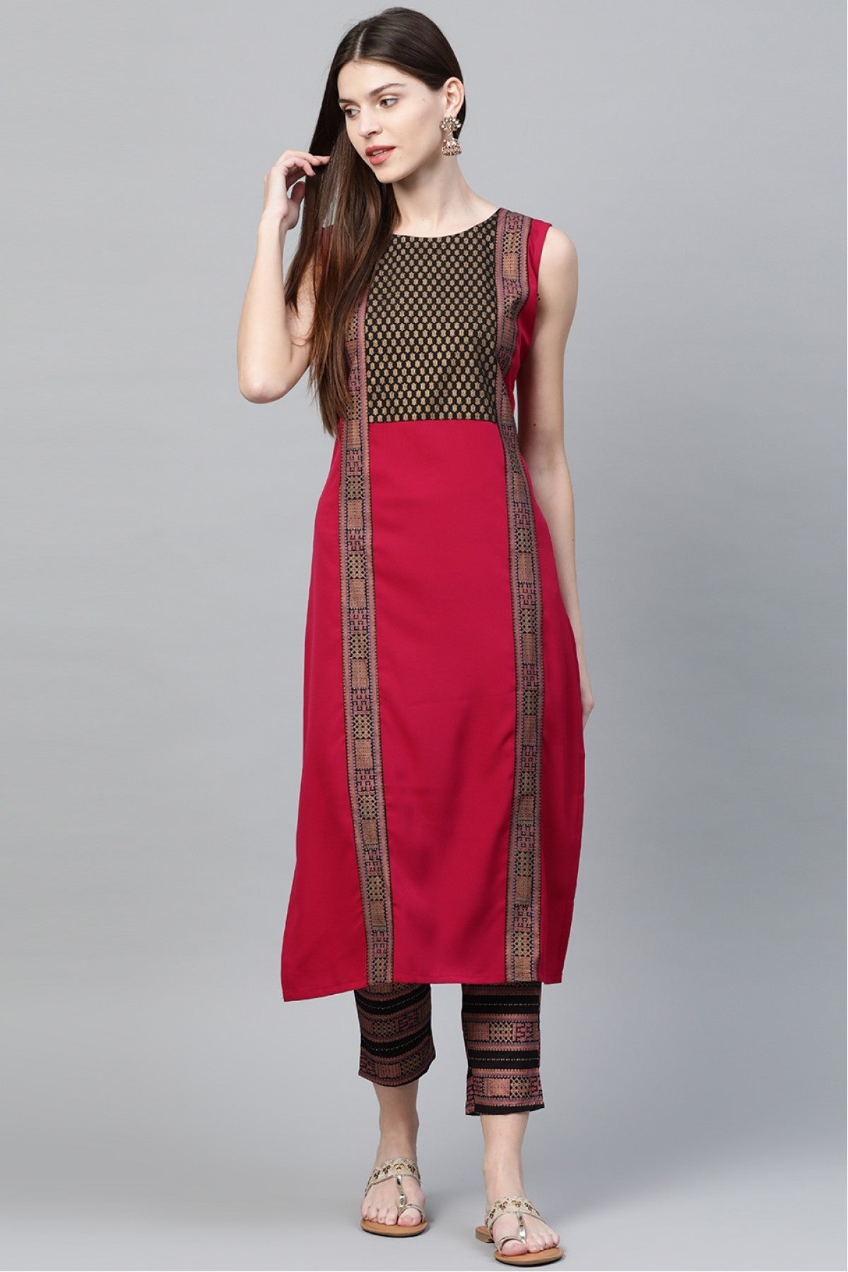 Black and Pink Colour Plus Size Crepe Straight Kurta Pant Set