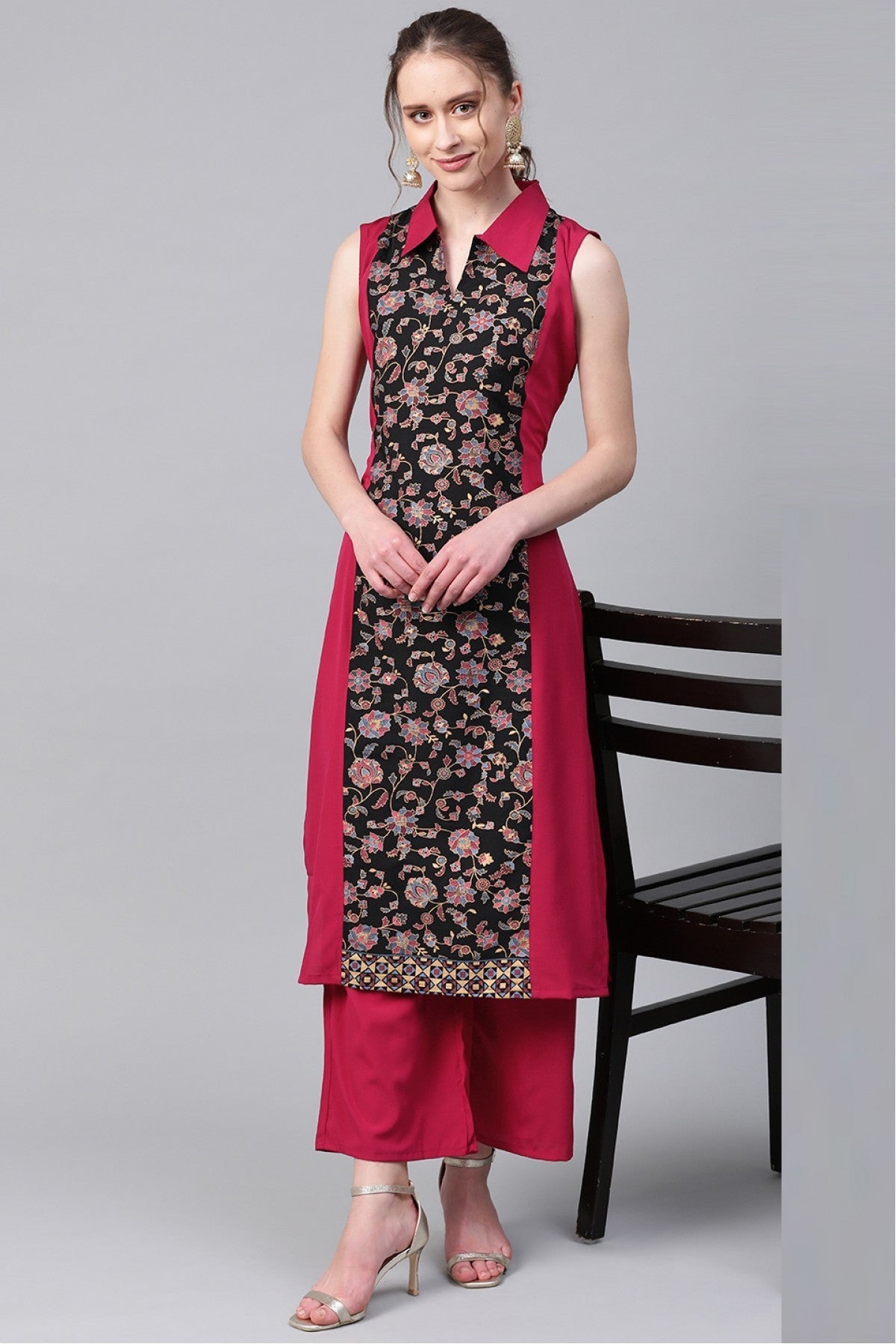 Black and Pink Colour Plus Size Crepe Straight Kurti VSKR1060214