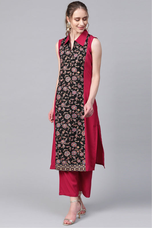 Black and Pink Colour Plus Size Crepe Straight Kurti