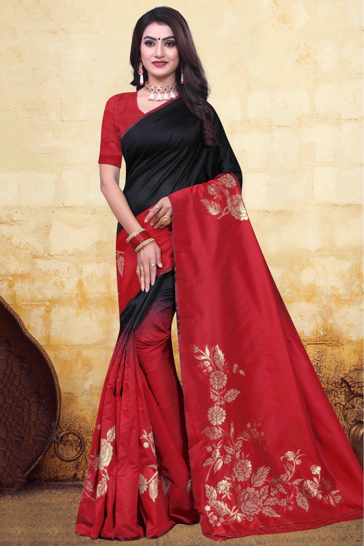 Black and Red Colour Banarasi Art Silk Traditional Saree