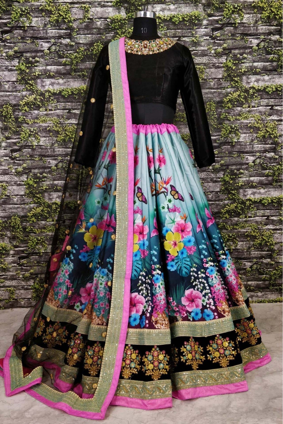 Black and Sky Blue Colour Art Silk Lehenga Choli