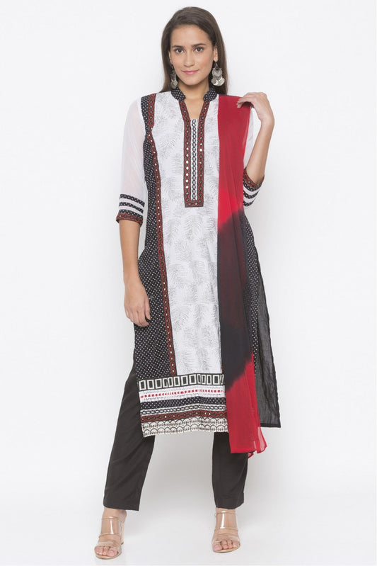 Black and White Colour Plus Size Stitched Cotton Embroidery Pant Style Suit