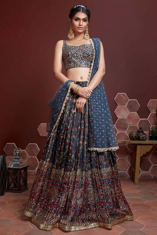 Blue Chinnon Silk Designer Lehenga Choli