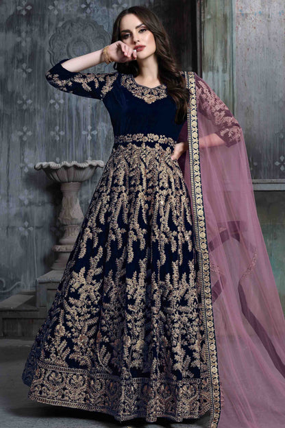 Blue Colour 9000 Velvet Semi Stitched Anarkali Suit