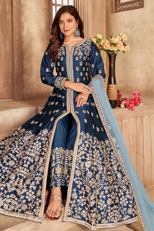 Blue Colour Art Silk Pant Style Suit