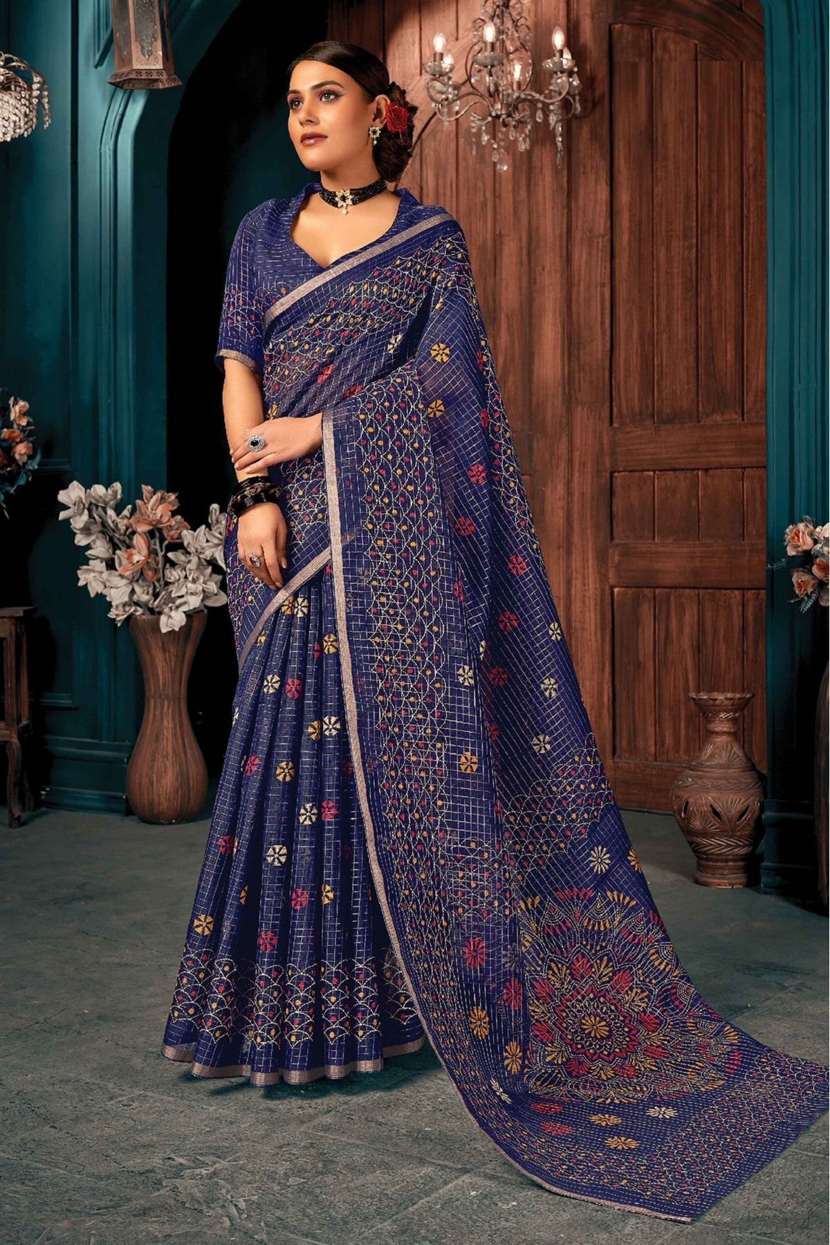 Blue Colour Cotton Printed Saree